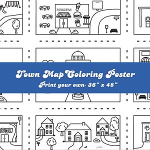 Puede incluir: Un póster de mapa de la ciudad para colorear imprimible en blanco y negro. El póster presenta una variedad de edificios, incluyendo una tienda de hamburguesas, una gasolinera, una bolera, un parque y casas. El póster mide 91,44 cm por 121,92 cm.