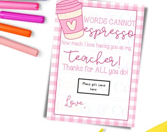 Teacher Gift Coffee [TWO] Pink & Blue Gift Card Holder Printable, Teacher Thank You Card, Teacher Appreciation Card Printable, Easy to Print