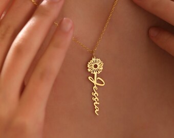 Name Necklace, Custom Name Necklace, Name Necklace With Birth Flower, Personalized Necklace, Personalized Gifts For Mom, 30th Birthday Gift