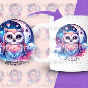 Owl, Valentine's Day Clip-Art Night Sky Moon Watercolor PNG, Commercial Use for Sublimation or Printing Template, digital Heat Press Clipart