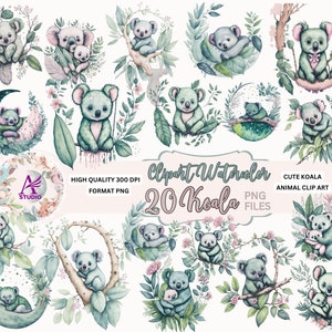 Clipart Koala, Watercolor PNG, Nursery Wall Art, Cute Koala Clipart Set, Koala Bear, cute Koala Australian Animals, Koala Decor Nursery