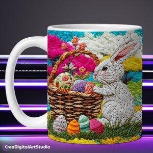 3D Embroidery Easter Mug Wrap, Embroidered Bunny Mug Sublimation Wrap Design, Easter Rabbit Coffe Cup PNG, Embroidery Easter Design