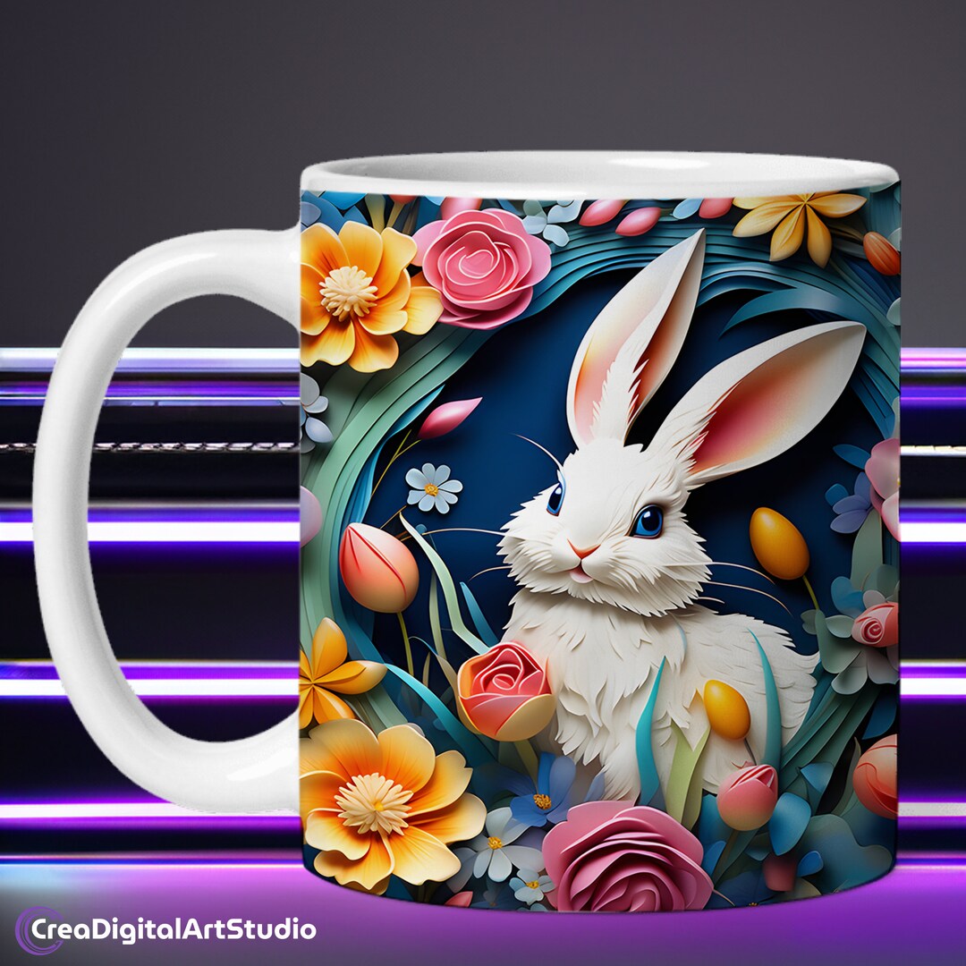 3D Rabbit Easter Mug Sublimation Wrap Template, Cute Bunny Hole in a ...