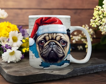 3D Hole in a Wall Pug Christmas Mug Sublimation Design, 15 Oz Mug Template, Sublimation Designs, Digital Download, 11 Oz Mug Template