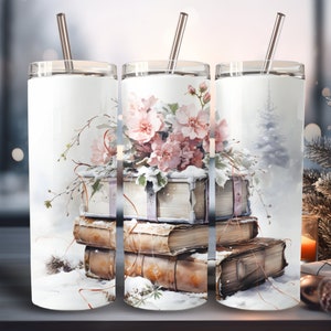 Book Tumbler Wrap 20 oz Winter Sublimation Designs Book Lover PNG, Holiday Book Reader Gift