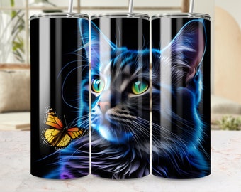 Black Cat Tumbler Wrap PNG, Sublimation Tumbler Designs straight & tapered 20oz Tumbler, 3D Neon Cat Mom Gift, Cat Dad Tumbler PNG