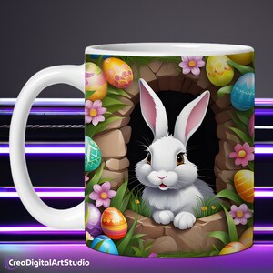 3D Easter Bunny Hole in a Wall Mug Wrap Sublimation Design Template, Coffee Cup PNG, Sublimation Mug Full Wrap Template, Digital 11oz Mug