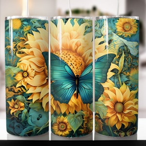 3D Butterfly Sunflower 20 oz Skinny Tumbler Sublimation Design, Straight and Tapered Tumbler Wrap, Digital Download Files PNG,