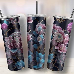3D Teal Pink Gold Flowers 20 oz Skinny Tumbler Sublimation Design, Straight and Tapered Tumbler Wrap, Instant Digital Download PNG