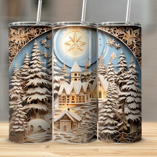 Paper Art 3D Tumbler Wrap, Winter Sublimation Designs for 20oz straight and tapered Skinny Tumbler - popular png digital download