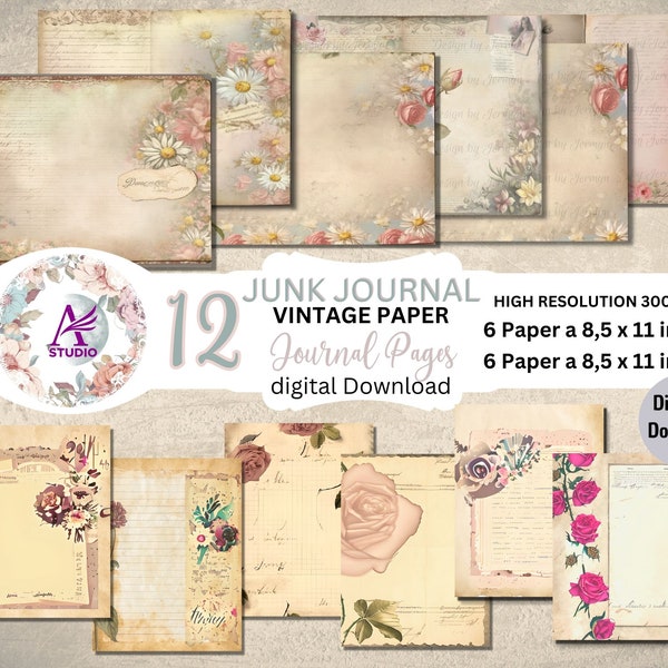 Vintage Junk Journal | Digital Junk Journal Kit | Digital Journal Pages | Printable Vintage Paper | Printable Paper | Ephemera digital