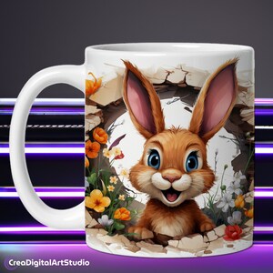 Easter Bunny Hole in a Wall PNG, Festive Floral Easter Coffee Mug Sublimation Designs, Mug Wrap 11oz Printable Mug Template