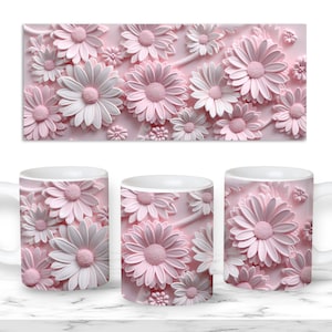 Daisy Flowers Pastel Pink White 3D Mug Wrap Sublimation Design, 11oz Mug Template, Sublimation Designs, Digital Download, 15 oz Mug Template