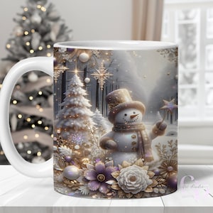 Christmas Snowman Mug Wrap, Christmas Gift Png, 11oz Mug Wrap 15oz Mug Wrap Gold Purple Snowman Coffee Cup Design, Winter Mug Press Designs