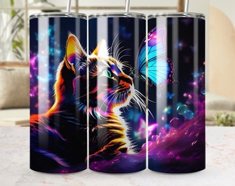 Cat Tumbler Wrap PNG, Sublimation Tumbler Designs straight tapered 20oz Tumbler, 3D Neon Cat Mom Gift, Cat Dad Tumbler PNG, Mom Tumbler Wrap