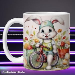 Leuk paaskonijn op de fiets PNG koffiekopje sublimatie sjabloon, bloemen paasmok wrap ontwerp, Bunny Easter Heat Press digitale download