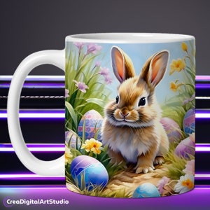 3D Easter Rabbit Coffee Cup Sublimation Designs, Bunny Mug Wrap, Spring Flower Sublimation Template 11 oz Mug Digital Download PNG
