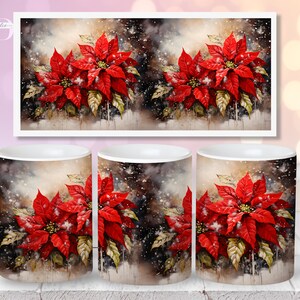 Watercolor Flower Christmas Mug Wrap, 11oz 15oz Mug Template, Coffee Mug Sublimation Design, Digital Flower Mug Press Poinsettia PNG