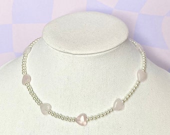 Dainty Pearl Necklace with Pink Heart Glass Beads