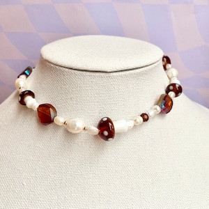 Chunky Brown Mushroom Pearl Necklace with Gold Accents