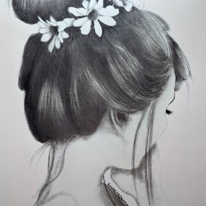 Girl with Flowers Graphite Drawing Print
