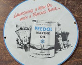 Old Vintage Veedol Gasoline Marine Motor Oil Porcelain Metal Advertising Gas Station Pump Sign