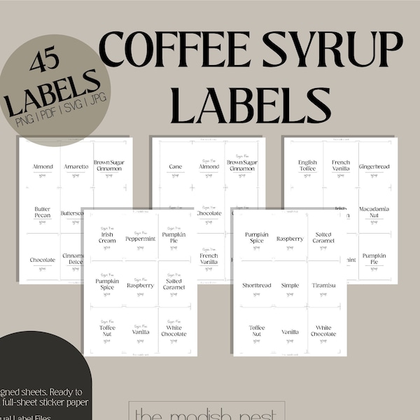 Printable Coffee Syrup Label Set of 45 | Coffee Bar Labels Download | Sugar - Free Coffee Syrup Labels | Organization labels for coffee