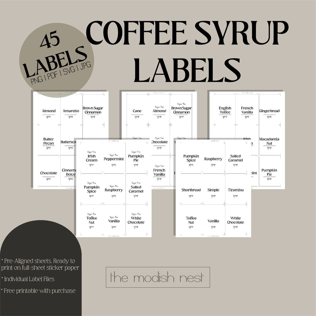 Printable Coffee Syrup Label Set of 45 Coffee Bar Labels Download Sugar