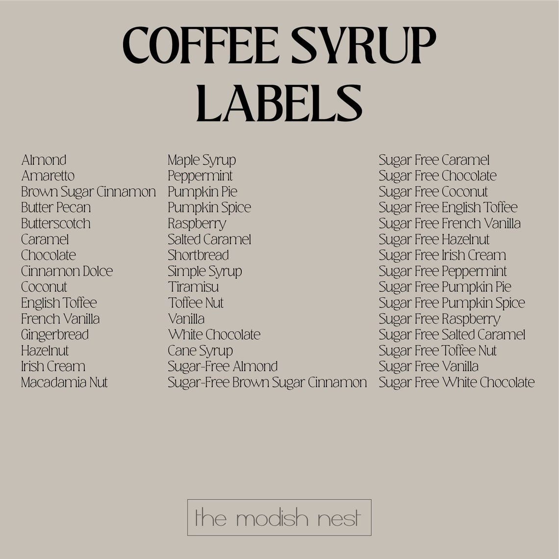 Printable Coffee Syrup Label Set of 45 Coffee Bar (Download Now) Etsy