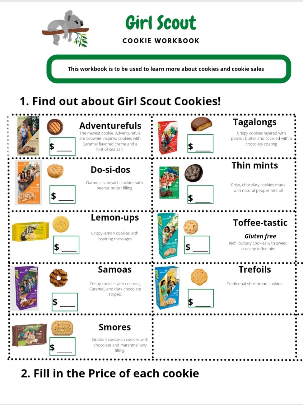 Girl Scout Cookie Fun. Worksheet, Coloring, Matching, Word Search and ...