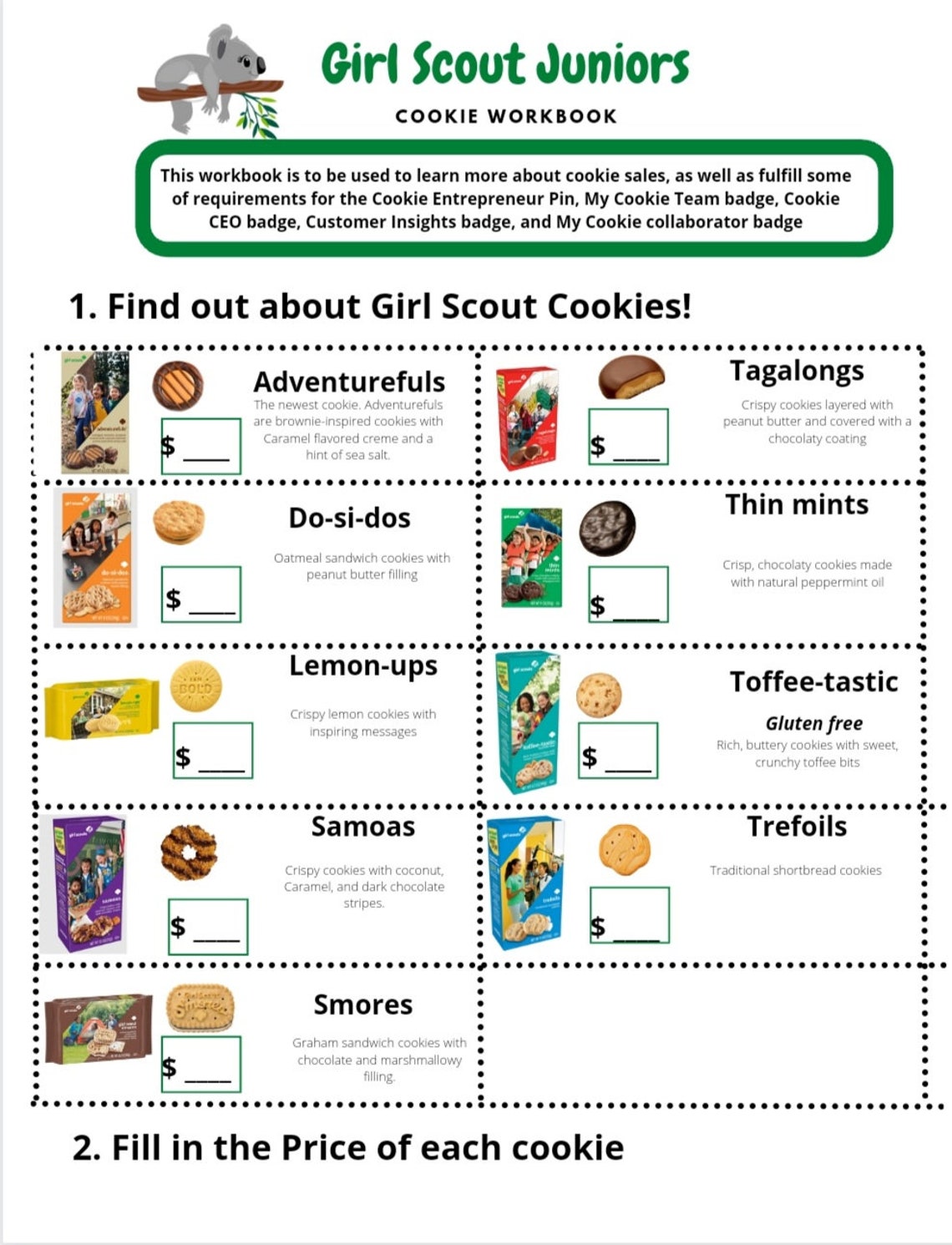 Girl Scout Cookie, learn About Cookies Worksheet and Matching. Little