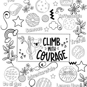May include: A black and white coloring page featuring a koala bear climbing a tree with the text "Climb with Courage". The page is surrounded by various Girl Scout cookie designs, including Thin Mints, Samoas, Tagalongs, Do-si-dos, Lemon Ups, Toffee-tastic, Trefoils, Adventurefuls, and S'mores.