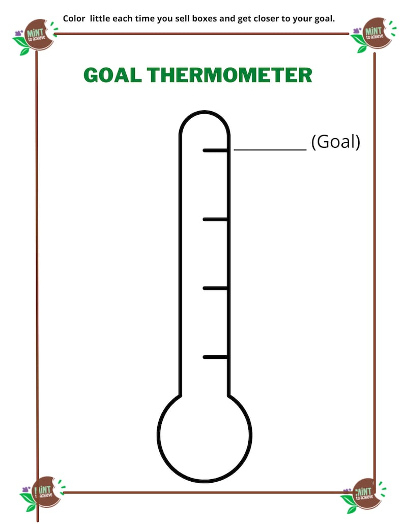 Girl Scout Cookie Sales Tracker Coloring Sheet, Goal Thermometer and