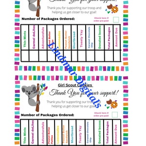 May include: A printable Girl Scout cookie order form with a cartoon koala bear. The form has a list of different cookie flavors, a space to check if the order is pre-paid, and a section to calculate the total number of boxes and the amount due.