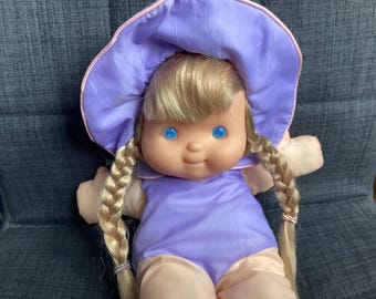 Vintage Fisher Price Puffalump Kids Purple Girl Doll with Blonde Hair, 16 inch