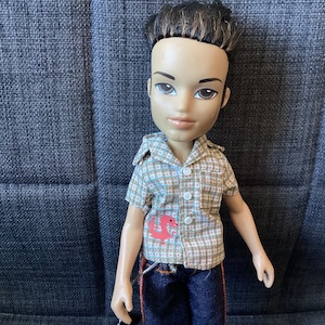 Könnte beinhalten: Eine Puppe mit braunen Haaren und einem karierten Hemd. Die Puppe trägt eine blaue Jeans und hat ein rotes Dinosaurier-Design auf dem Hemd.