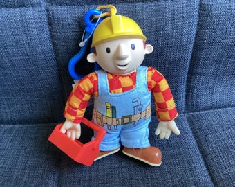 Vintage Awesome Bob the Builder Bag Clip On Plush Figure, 5 inches tall with tool box