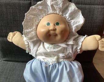 Vintage Sweet Xavier Roberts 1980s Cabbage Patch Doll Preemie Bald Baby in Blue and White, Green Eyes