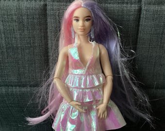 Retired Extra Curvy Asian Features Barbie, Long Pink Purple Hair, Glitter Dress, Fishnet Stocking, Boots, Earrings