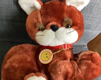 Vintage 1980s Sunburst Pets Stuffed Brown Plush Cat with Bushy Eyebrows, Eyelashes, Kitten