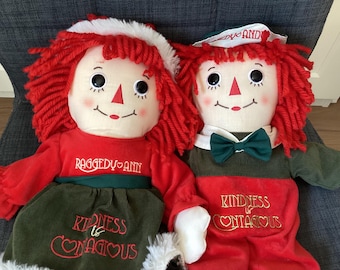 Retired Aurora Raggedy Ann and Andy Fabric Dolls, Kindness is Contagious Christmas Coloured Outfits, 17 inch
