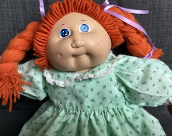 Vintage Xavier Roberts 1980s Cabbage Patch Kids Red Haired Girl with Blue Eyes, Green Hand Made Dress and Shoes with Socks