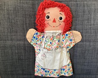 Vintage Super Cute KTC Knickerbocker Raggedy Ann Fabric Hand Puppet, Yarn Hair
