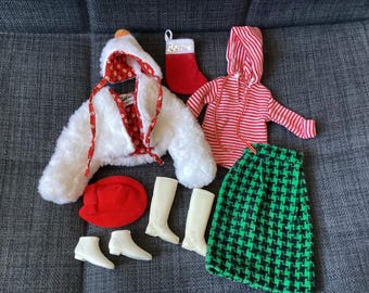 Vintage Barbie 60s Icebreaker White Fur and Red Jacket and Hat, Mix and Match Winter, Christmas, Red and Green, Stocking