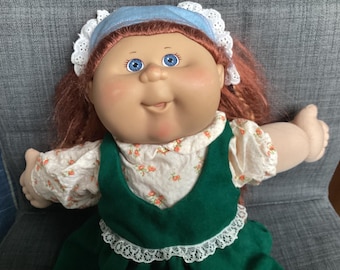 Vintage 2000s Play Along Toys Cabbage Patch Kids Doll Dressed in Handmade Babushka Style Outfit, Auburn Cornsilk Hair, Blue Eyes
