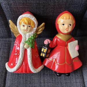 Vintage Korea Ceramic Four Inch Christmas Angel and Caroller Girls, Red and White