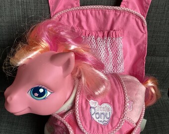 Vintage Adorable My Little Pony MLP Rose Blossom Baby Pink Stuffed Plush Pony 42091 with Pink Baby Carrier