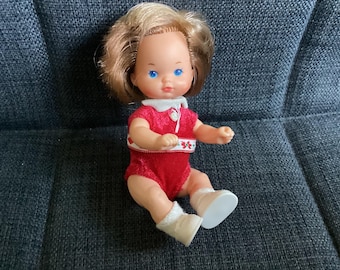 Vintage Barbie Loving Family 5 inch Baby Girl in Red Velvet with Brown Hair, Shoes and Socks!