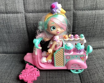 Muñeca adorable de Shopkins Shoppies descatalogada, Peppa Mint, con carrito de helados y accesorios.