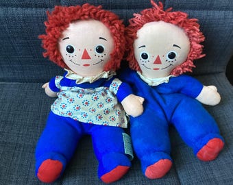 Vintage Super Cute Pair of KTC Knickerbocker Raggedy Ann and Andy Fabric Bean Bag Rag Dolls, Yarn Hair